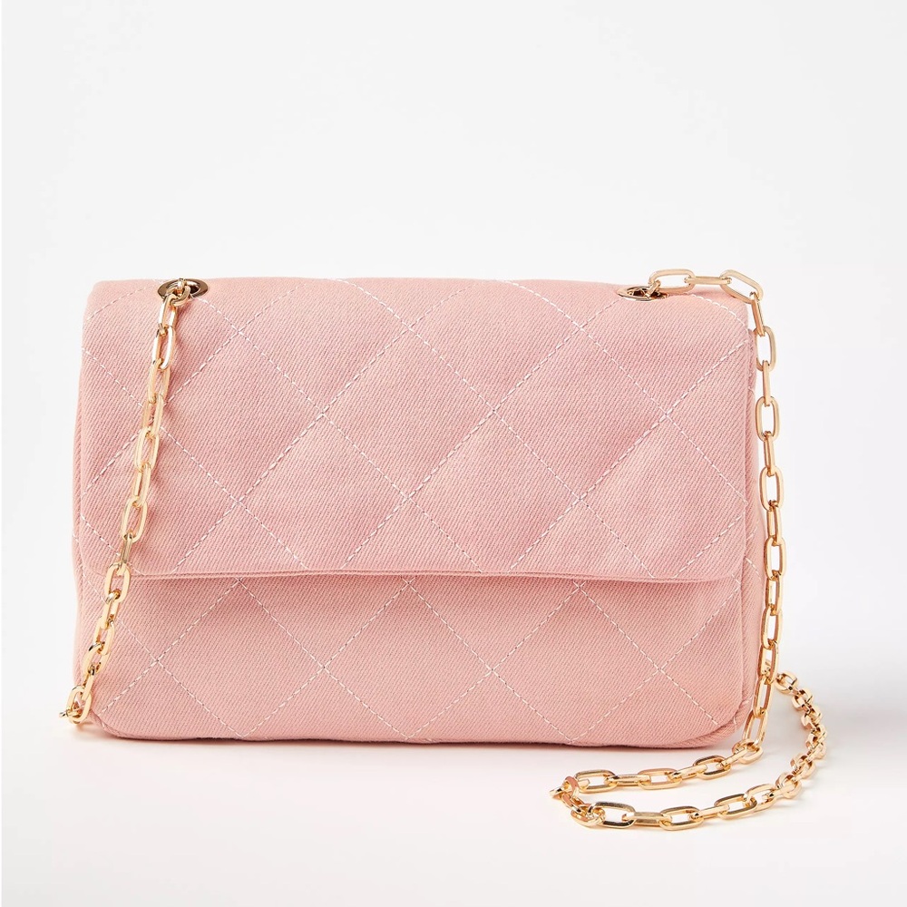 NWT  LOFT  Pink Quilted Denim Gold Chain Shoulder Bag